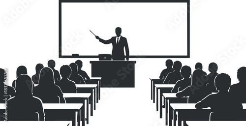 A silhouette of a teacher presenting to students in a classroom setting in minimalist black and white vector style, suitable for educational materials and training programs