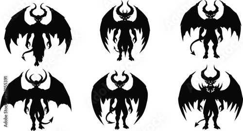Demonic Silhouettes with Horns, Wings, and Tails, Black Figures in Stylized Poses, Fantasy Creatures, Gothic Design, Halloween Theme, Mythical Beings