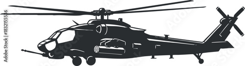 A detailed military helicopter in black and white vector style, suitable for defense and aviation graphics