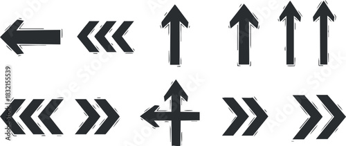 A collection of black arrow icons pointing left, right, up, and down in a modern geometric vector style, ideal for navigation design and user interfaces