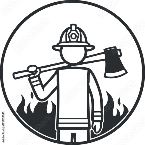 A firefighter holding an axe with flames in the background in black and white outline vector style, ideal for emergency service branding