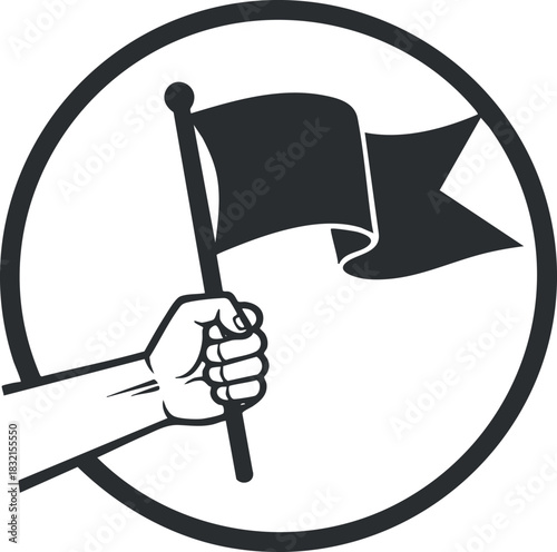 A hand holding a flag in black and white outline vector style, perfect for symbolizing movement and unity