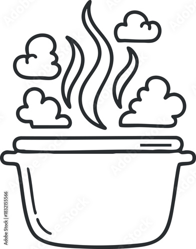 A steaming pot with swirling vapor in black and white outline vector style, ideal for culinary branding and recipe designs