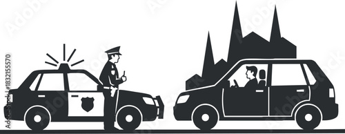 A police officer interacting with a driver during a traffic stop in black and white vector style, suitable for law enforcement themes