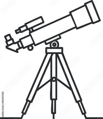 A telescope on a tripod in minimalist black and white vector style, ideal for educational and scientific projects