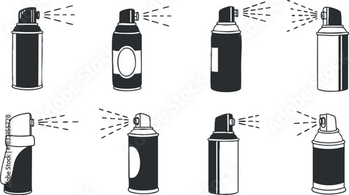 A collection of various spray cans in black and white outline vector style, suitable for design and branding projects