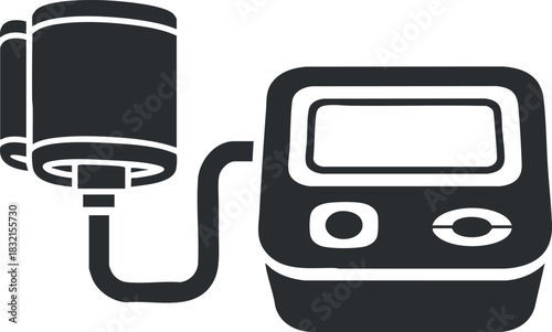 A blood pressure monitor device with an attached cuff in black and white vector style, suitable for healthcare-related designs
