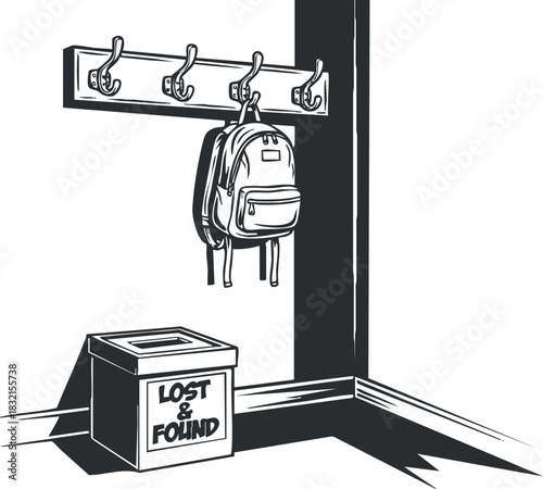 A backpack hanging on hooks next to a lost and found box in black and white minimalist vector style, ideal for school or organization projects