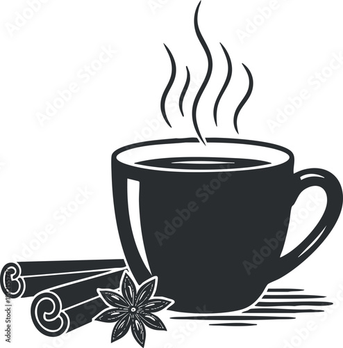 A cup of steaming coffee with cinnamon sticks and star anise in black and white minimalist vector style, perfect for cafe branding and menu design