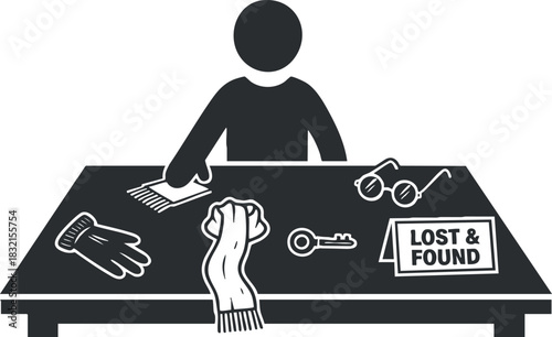 A person organizing lost and found items including gloves, a scarf, and glasses in black and white minimalist vector style, suitable for signage or informational graphics