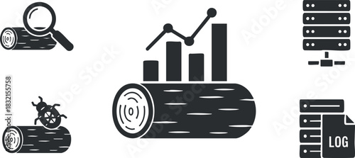 A collection of log and data-related icons in black and white minimalist vector style, ideal for business and environmental themes