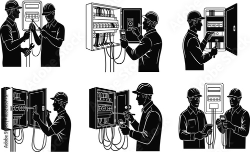 Electricians Working with Panels and Tools, Black-and-White Technical Illustrations, Multimeter, Screwdriver, Drill, Circuit Breakers, Safety Gear, Installation, Maintenance, Diagnostics
