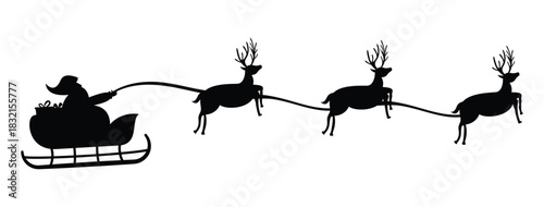 Silhouette of santa in sleigh pulled by reindeer on a white background christmas holiday season