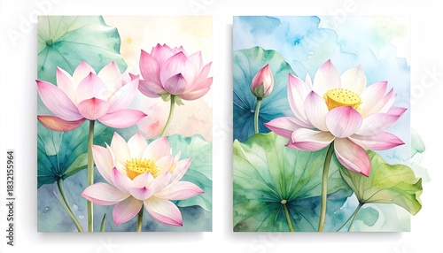 Watercolor painting of pink lotus flowers with green lily pads and a soft blue sky background in natural light