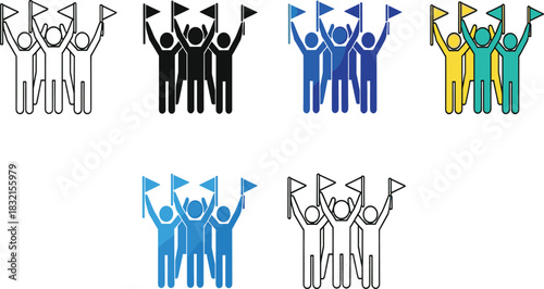 Group of stick figures raising flags in celebration or victory vector