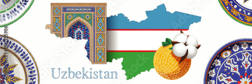 Uzbekistan cultural vector illustration with national flag map, Samarkand mosaic arch, oriental ceramic plates, melon and cotton symbols