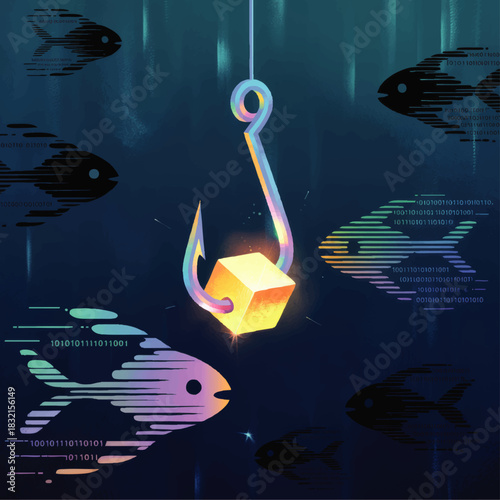 Cybersecurity phishing concept with glowing bait hook and binary code fish in dark digital ocean illustration