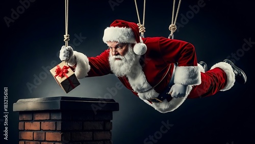 Extreme Santa Claus Suspended by Ropes While Delivering a Wrapped Gift into a Chimney