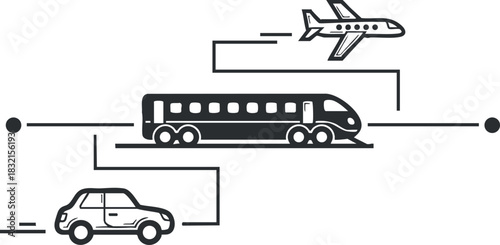 A collection of transportation icons including a car, train, and airplane in flat black and white vector style, suitable for travel and logistics projects
