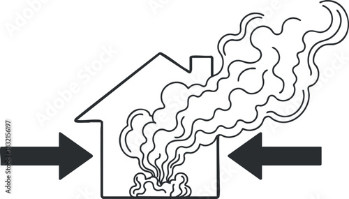 An illustration of a house emitting smoke in a clean outline vector style, suitable for safety and emergency awareness materials