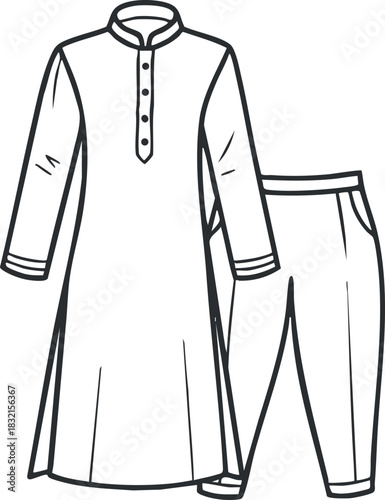 A traditional kurta and trousers outfit in black and white outline vector style, suitable for fashion design and clothing catalogs