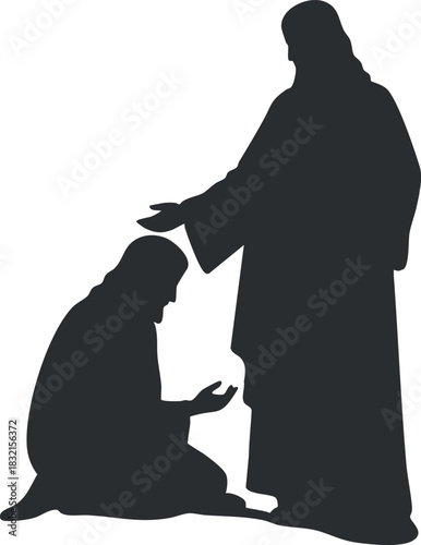 A silhouette of a person kneeling in prayer before a standing figure, depicted in a minimalist black design, suitable for religious themes and spiritual contexts