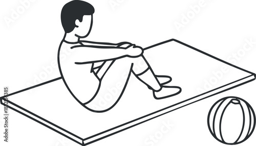 A person performing a sit-up on a mat with an exercise ball in minimalist line art vector style, suitable for fitness and health applications