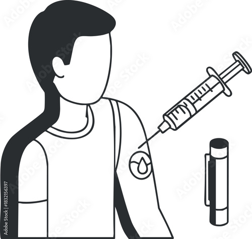 A person receiving a vaccination with a syringe in black and white outline vector style, suitable for health and medical projects