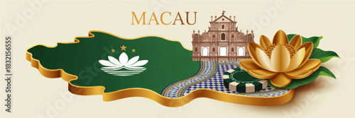 Macau travel illustration with flag map, Ruins of St Paul, golden lotus flower, casino chip and Portuguese mosaic walkway