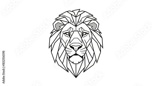 Geometric lion head illustration with intricate lines and details on white background.