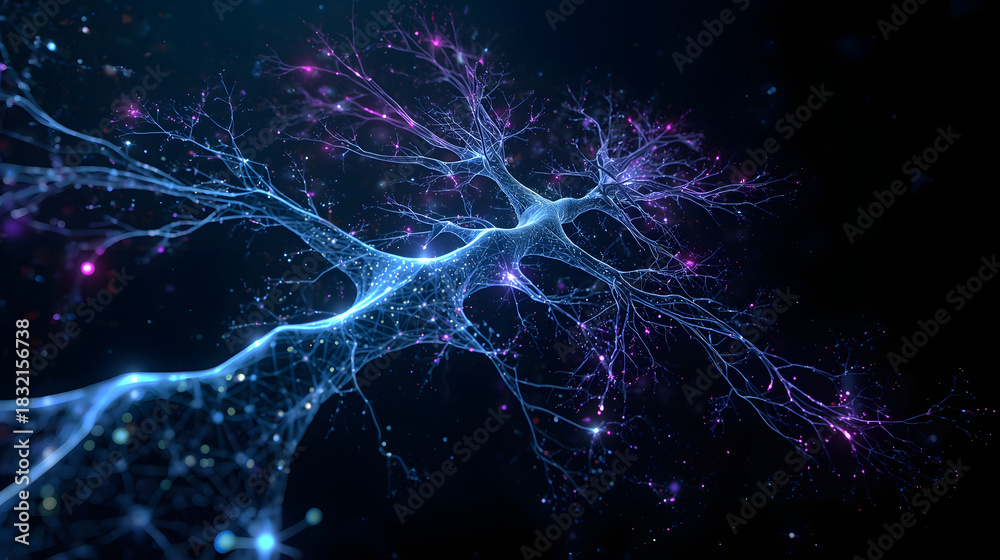 Fototapeta premium abstract blue background with nerve system, Illustration of an Active Human Nerve Cell or Glowing Neuronal Network