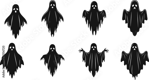 Ghosts Emerging from Gravestones Silhouettes, Black Halloween Figures, White Eyes and Mouths, Floating Spirits, Spooky Expressions, Cemetery Horror, Fantasy, Eerie Mood