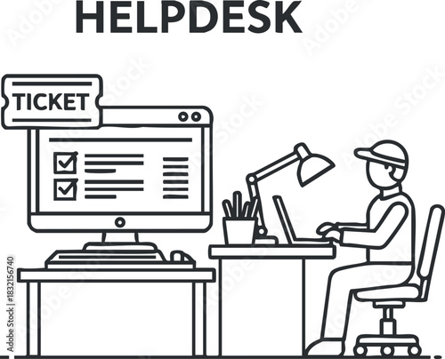 A helpdesk scene featuring a person working at a computer with a ticketing system in minimalist outline vector style, suitable for IT support illustrations
