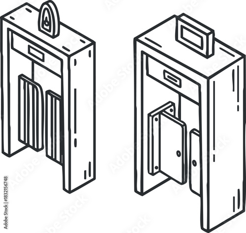 A set of ticket kiosk illustrations in black outline vector style, suitable for transportation and event management designs