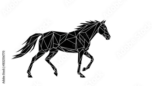 Geometric black horse silhouette walking on white background artistic design.