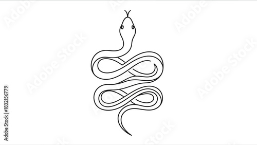 Minimalist Line Art of a Coiled Snake in Black and White.
