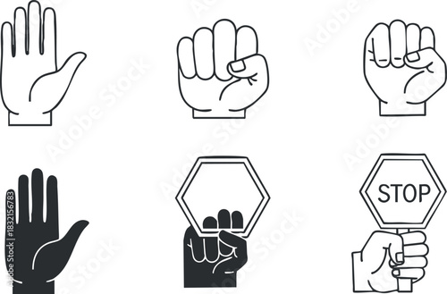 A collection of hand gestures including a raised hand, fist, and stop sign in minimalist black and white vector style, ideal for communication and safety graphics