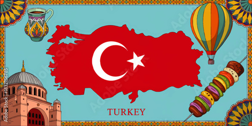 Colorful Turkey travel illustration with map, national flag, hot air balloon, mosque, Turkish coffee and traditional food