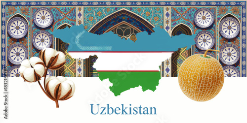 Uzbekistan map with national flag, oriental Islamic tile ornament, cotton branch and melon fruit illustration for travel and culture design