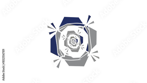 Abstract geometric spiral design with layered polygons.