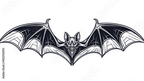 Detailed Illustration of a Bat with Wings Spread Wide.