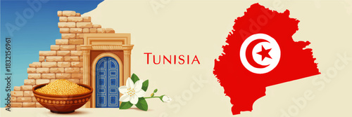Tunisia travel background with traditional blue door, jasmine flower, couscous bowl, ancient stone wall and red map with national flag