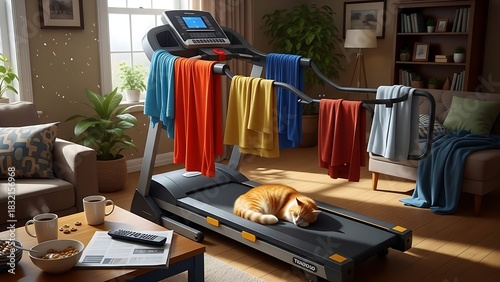 Lazy Fitness: Ginger Cat Napping on a Treadmill Covered with Clothes in a Home Living Room