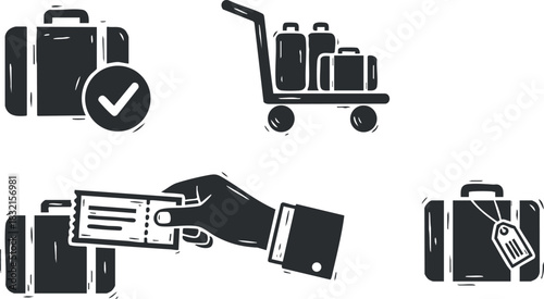 A collection of travel-related icons featuring luggage, a cart with bags, a checkmark, and a hand holding a ticket in black and white outline vector style, ideal for travel-themed projects