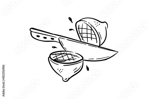 Knife cutting a lemon hand drawn vector sketch icon illustration