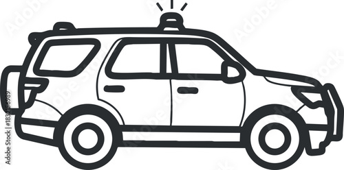 A police car with a siren in a simple black outline vector style, suitable for law enforcement and emergency service graphics