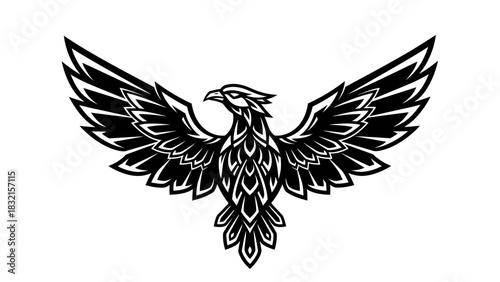 Majestic eagle soaring with outstretched wings in detailed illustration.
