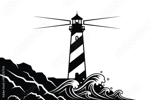 Lighthouse by the sea on rocky coastline with waves silhouette vector illustration
