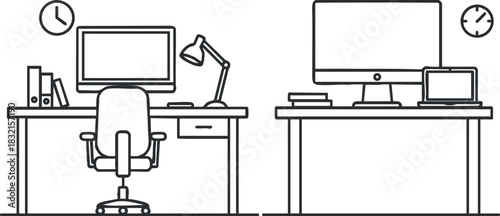 A digital illustration of two minimalist office desks with computers and lamps in black and white outline style, ideal for workspace design projects