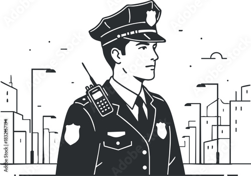 A police officer standing confidently in a black and white outline vector style, ideal for law enforcement and community service projects